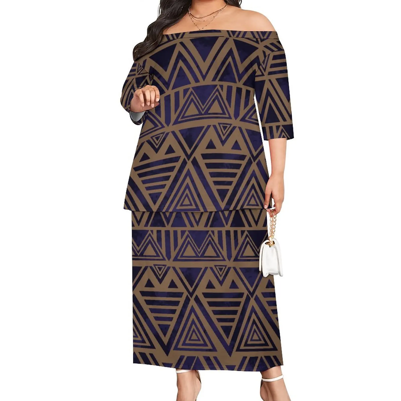 Red Samoa Puletasi Retro Style Women off Shoulder Tops Match Tribal Design Print   Dress Casual Plus Size Puletasi Set