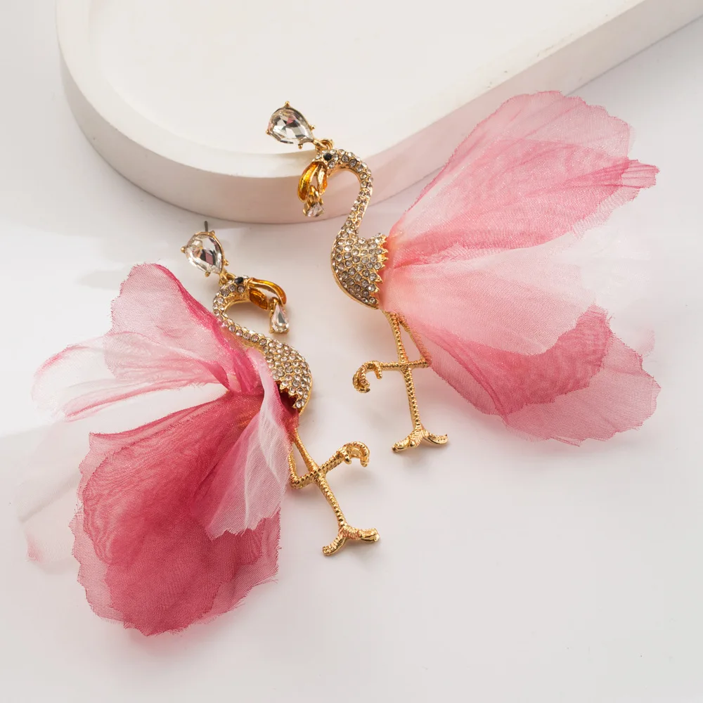 Fashionable diamond studded flamingo mesh earrings super fairy fashion girl earrings versatile temperament personalized earrings