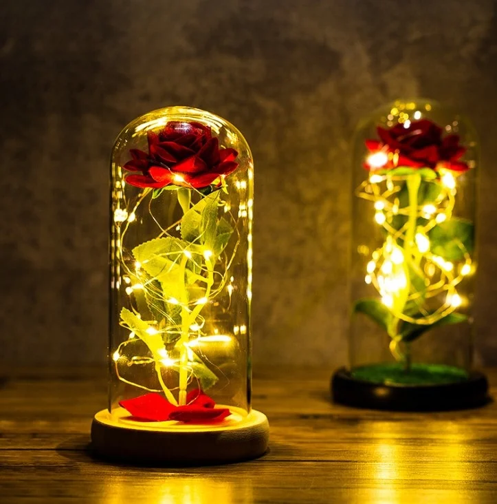 Christmas Rose Gift Decor Enchanted Rose Led Lamp Artificial Red Silk Rose Flower in Glass with Led light Romantic Gift