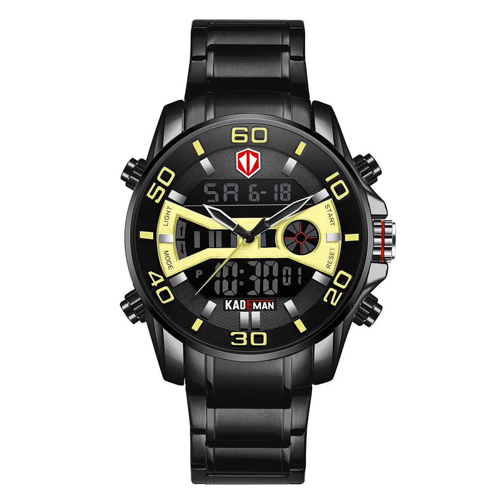 Kademan Men Watch Led Dual Display Digital Waterproof Chain Sport Casual Fashion Stainless Steel Watches Chronograph Clock
