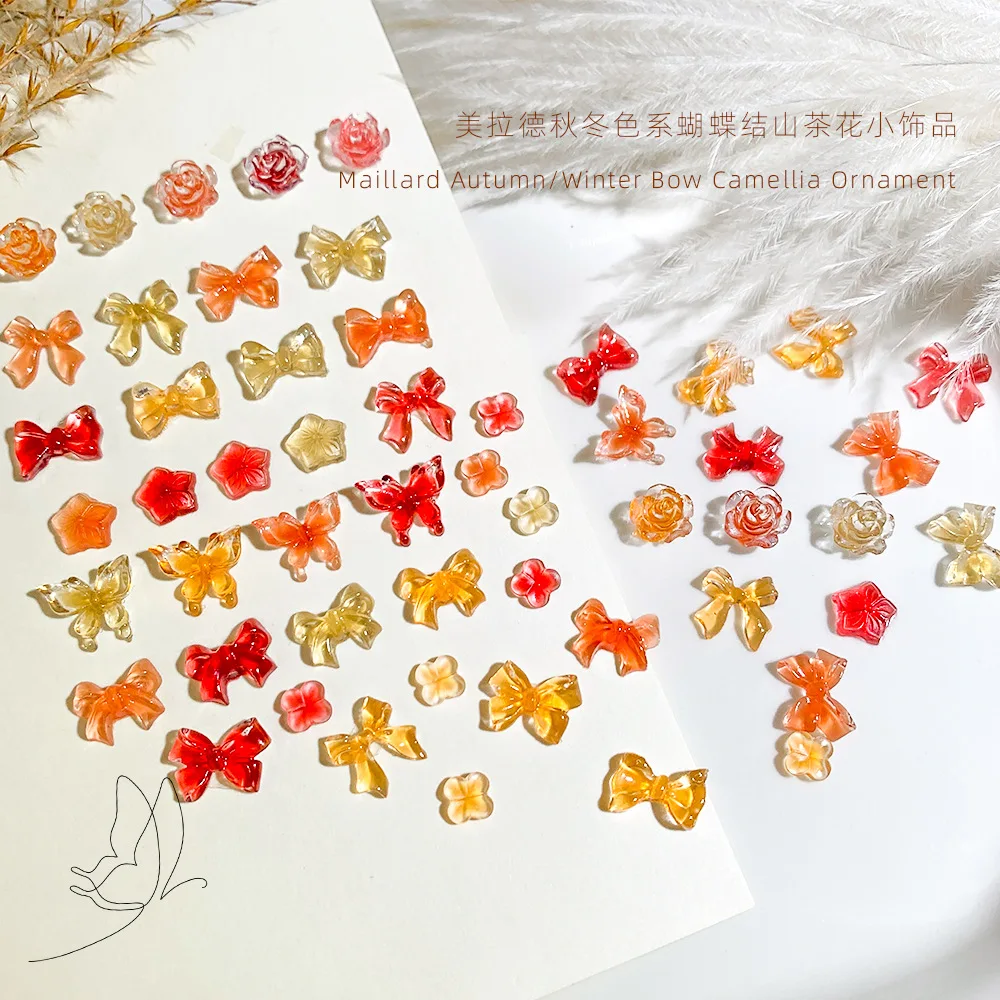 Vintage Autumn Maillard Resin Bow Nail Charms Camellia Flower Butterfly Decoration Mixed Nail Accessories
