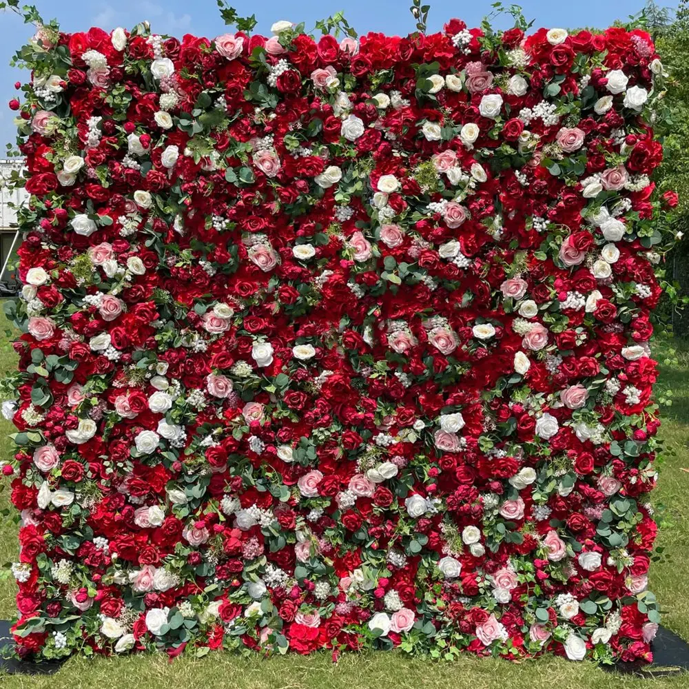 KCFW-222 Wholesale Custom Red Silk Rose Hydrangea Flower Backdrop Wall Curtain Panel For Wedding Decoration Event Party
