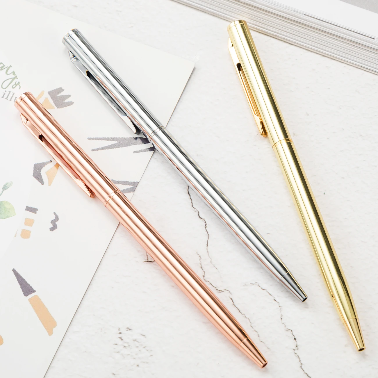 Customized Logo Rose Gold Metal Ballpoint For office Hotels gift Small MOQ Black Luxury Ball Pen Slim Custom Hotel Pens