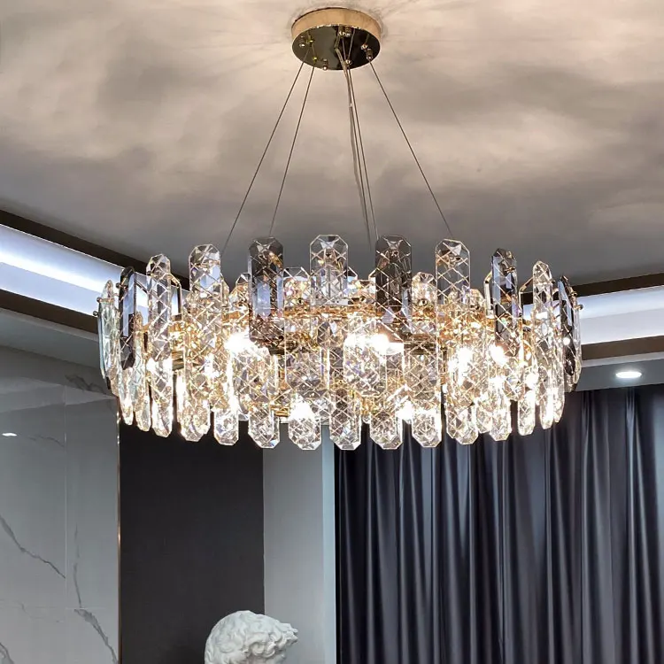 circle pendant light living room Modern luxury round smoke grey k9 crystal chandelier