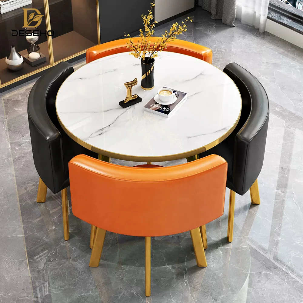 Gold Nordic Dining Table Set With Four Wood Seater Chairs Restaurant Home Dine Room Luxury Modern Marble Round Dining Tables