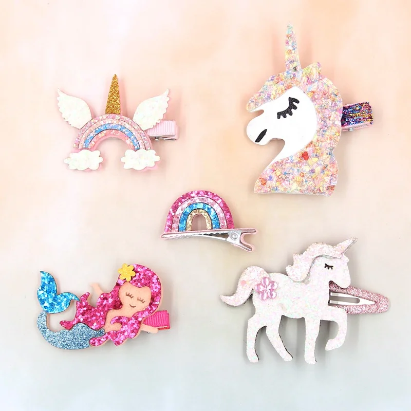 Cute rainbow unicorn accessories baby hair clips Mermaid children hair clips Angel wing snail