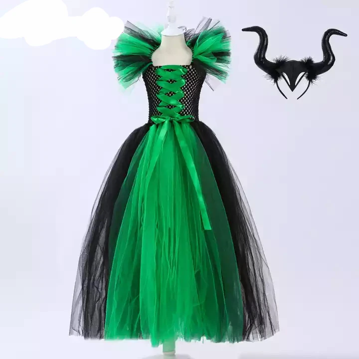 Costume Maleficent Horns Kids Halloween Fancy Christening Black Glam Gown Tutu Dresses Demon Queen Witch dress for baby girl