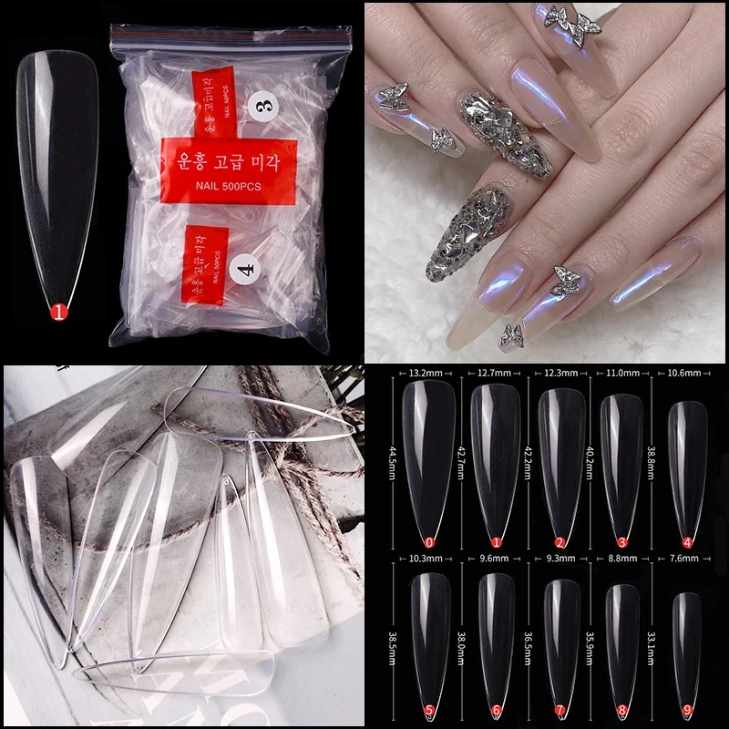 500pcs Nail Tips ABS Transparent Natural Color Sharp Half Cover Long Pointed False Nails Woman Fingernails manicure Tips