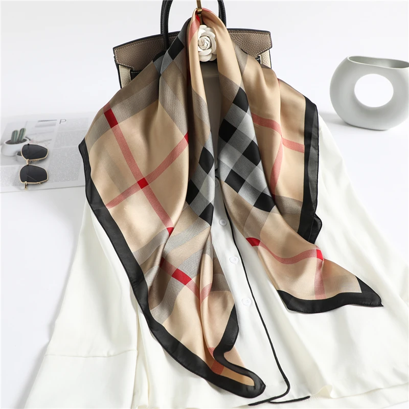2021 Silk Head Scarf Women Luxury Plaid Print Kerchief Neck Scarfs 90cm Square Polyester Shawls and Wrpas Hair Scarves Bandana