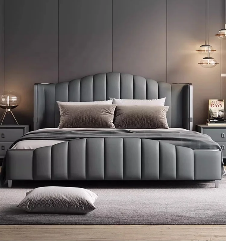 Home bedroom leather king size bed, master bedroom cushioned bed, double king size metal bed