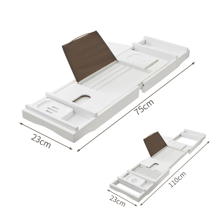 White color bamboo Luxury Bathtub Caddy Tray with Book and Wine Holder Bath and Bed Tray with extending sides