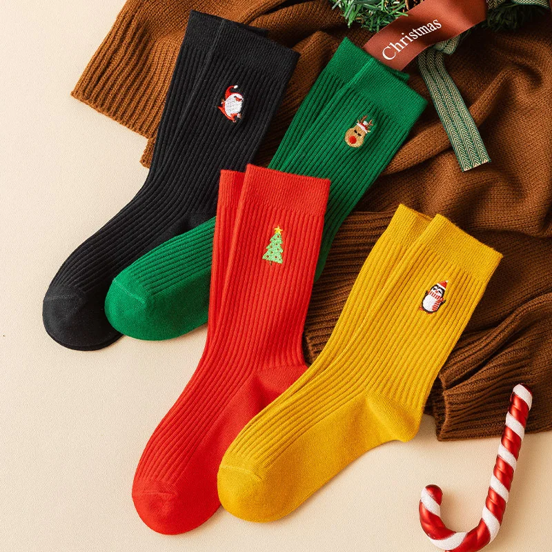 Christmas stockings middle tube piled stockings autumn and winter Ins fashionable  cartoon embroidered cotton socks lovely