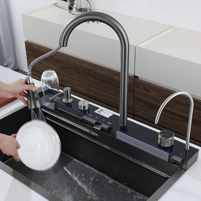 Tiktok New Trend One Piece 2 Waterfall Faucet Smart Stainless Steel Single Slot Bionic Honeycomb Black Kitchen Sink