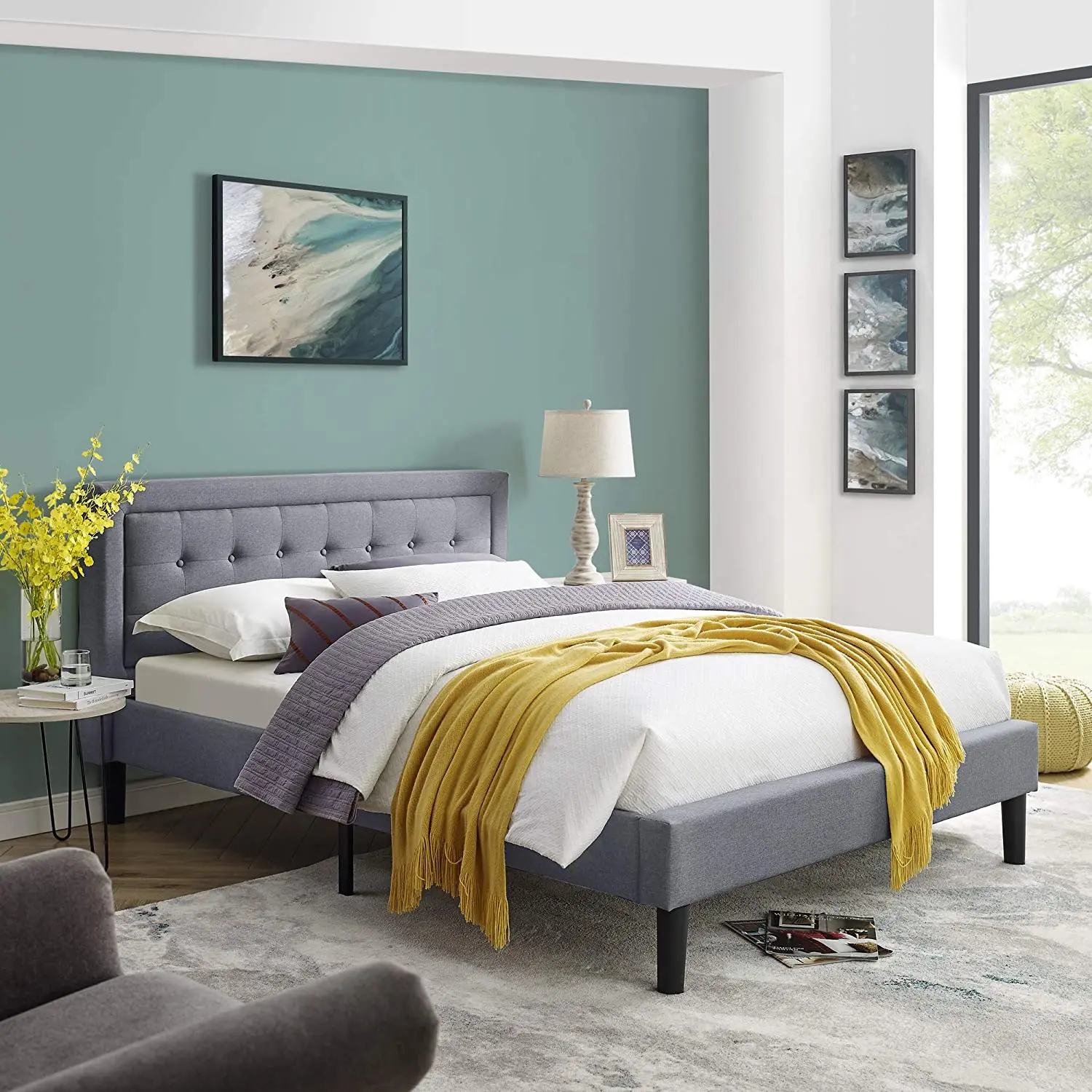 Nordic simple style wooden planks upholstered  king queen bed size bedroom set