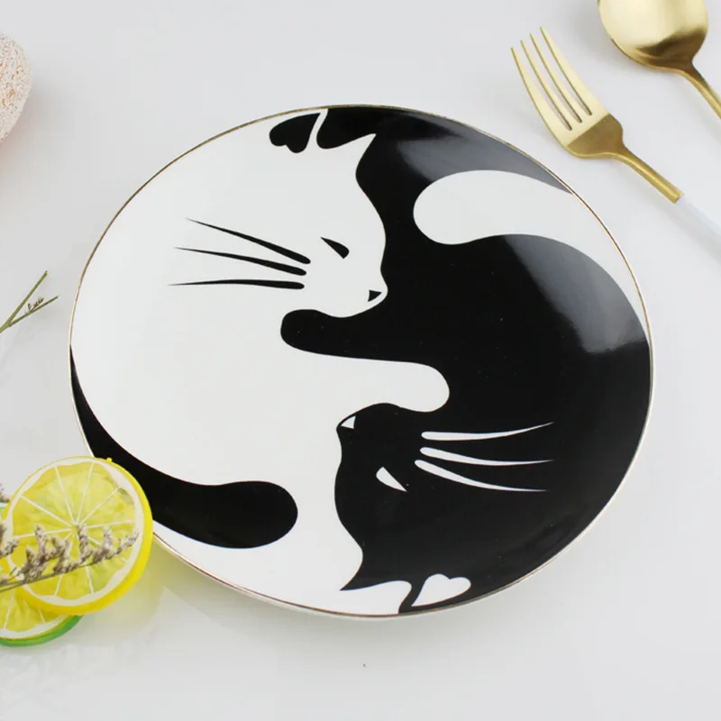 Household kitchen tableware bone china Cartoon ceramic round gold rim cat ring dish