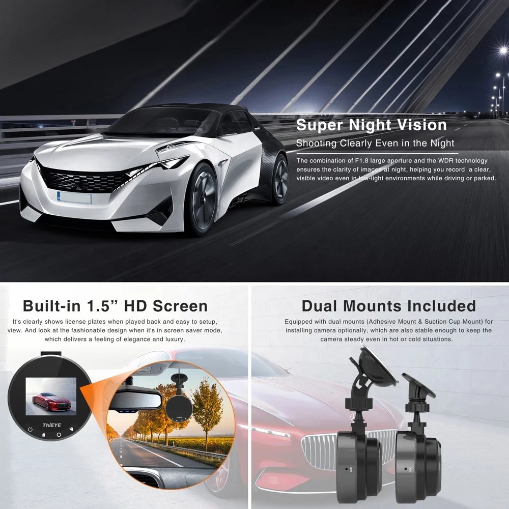 Автомобильный видеорегистратор ThiEYE Safeel Zero, экран 1,5 дюйма, широкий угол обзора 170 градусов, G-датчик, циклическая запись, WDR, ночное видение, FHD 1080P
