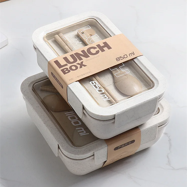 Custom Biodegradable Wheat Fiber Lunch Box Eco Friendly Rice Husk Bento Set With Cutlery and Soup Cup for Students