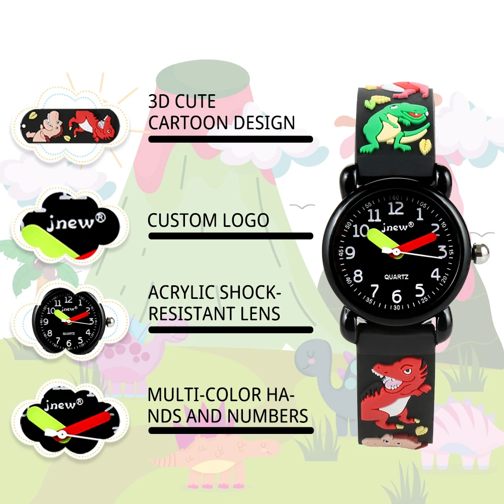 Dinosaur black waterproof 3d cartoon wrist watch best gift for kids 3 4 5 6 7 8 9 10 11 years old