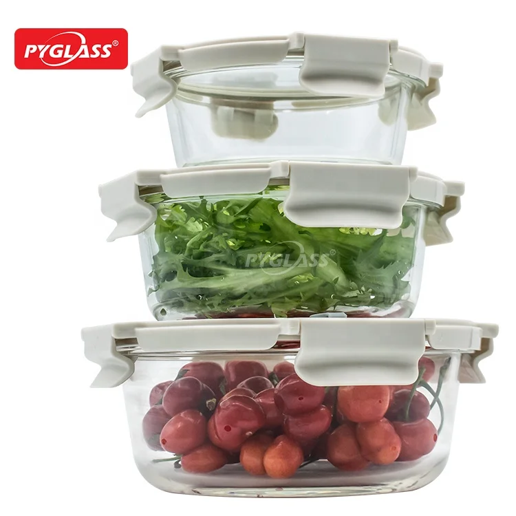 Glass food storage container with breathable clear glass lid for home kitchens 3set