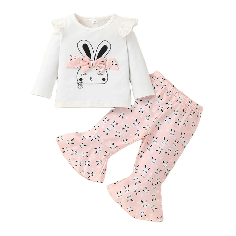 Wholesale cute rabbit pattern Long sleeved T-shirt and flared trouser suit  baby girls clothes suit