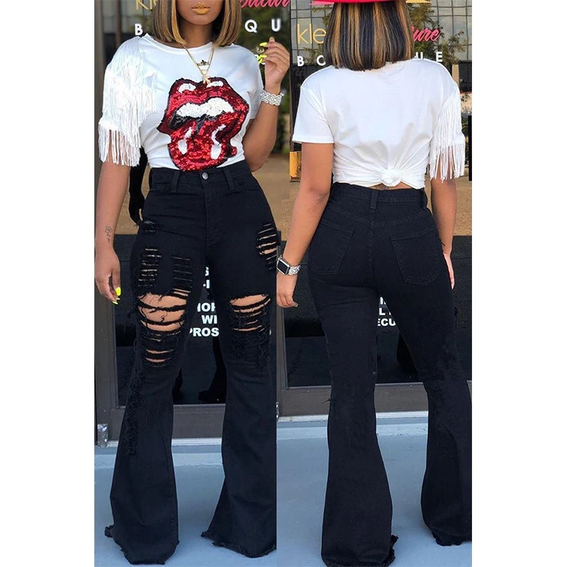 
New Summer 2020 Black Blue High Waist Ripped Skinny Flare Jeans Women 