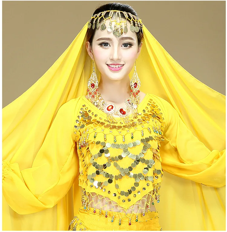 Long Sleeve Chiffon Crocheted Gold Sequins Blouses Top for Adult Lady belly dancing Performance Costumes