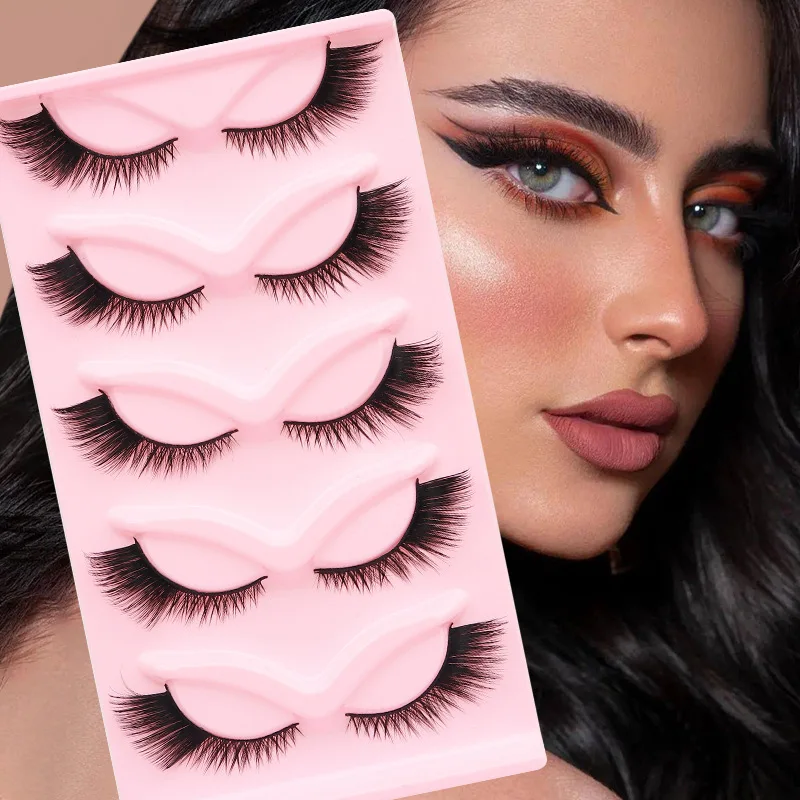 Wholesale 5-Pairs False Eyelashes Pack Private Label Black Cotton Band Short Natural 3D Faux Mink Half Corner Lashes