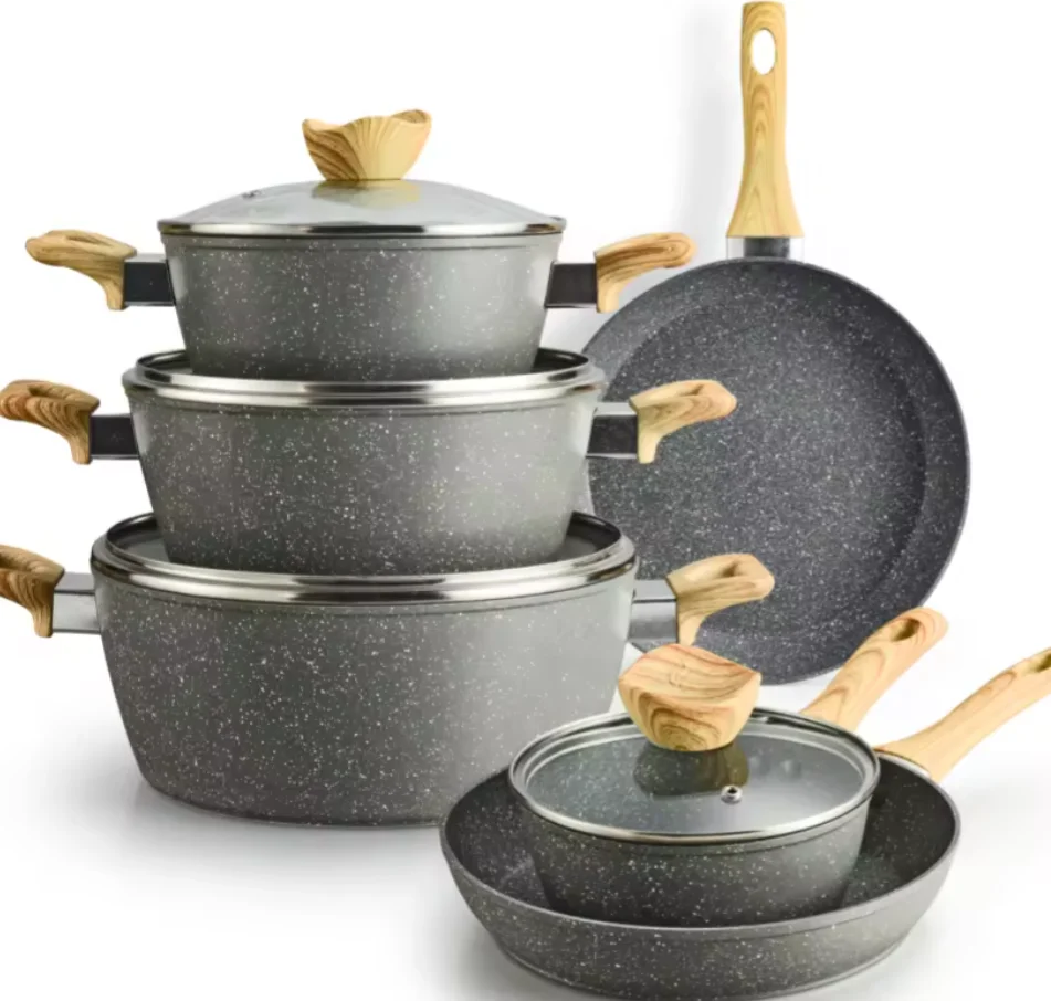 Cookware Set Frying Pan Set and Soup Pot Forged Aluminum Granite Marble Stone of Non Stick Metal Wood American Style Glass Cover