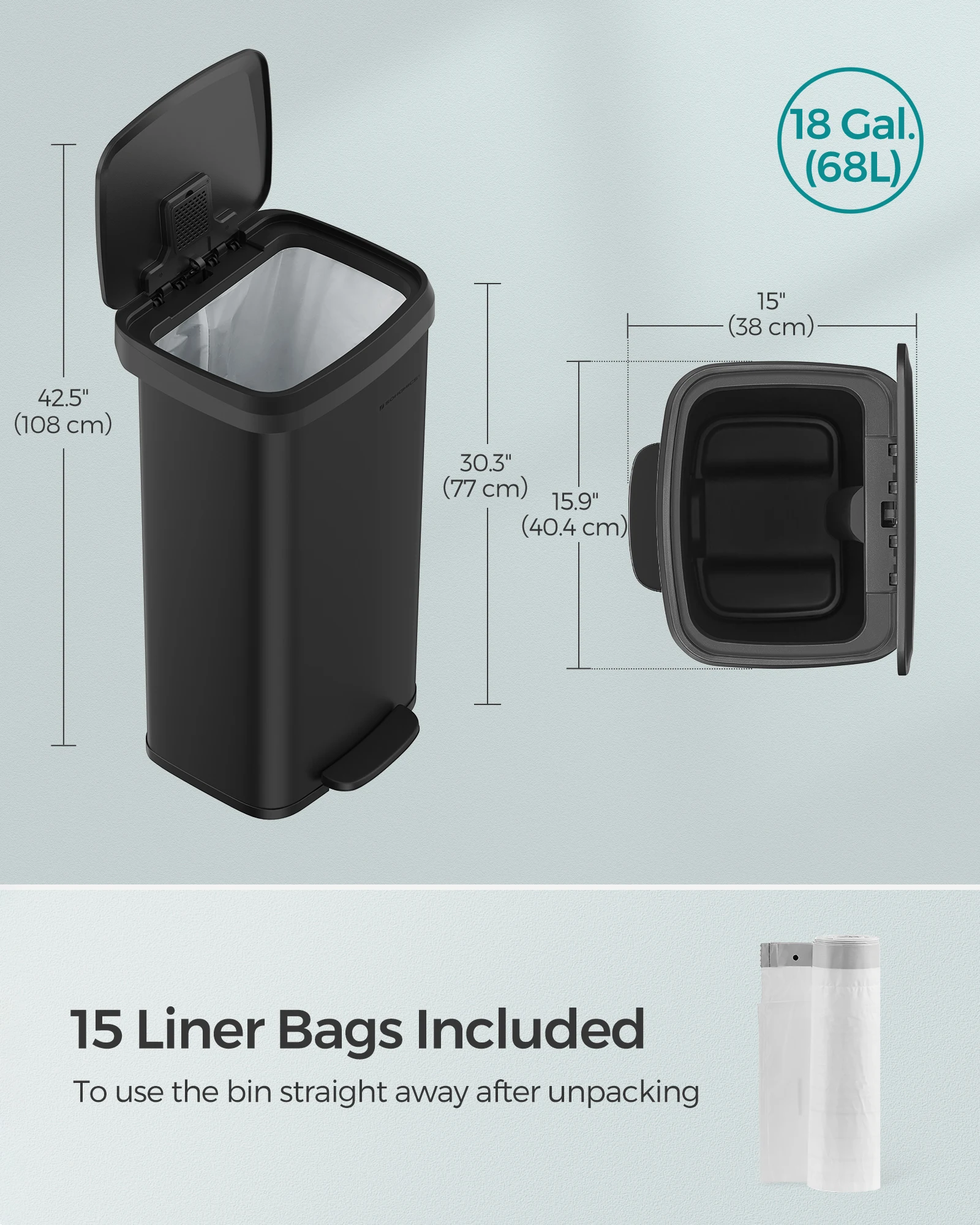 SONGMICS Large Capacity Hotel Dual Garbage Can 68L Rectangular Rubbish Bin Metal Waste Pedal Bin with Lid  Galvanized Trash Can