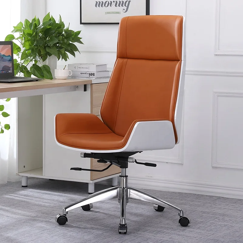 Fashionable high back white piano shell orange leather swivel office recline wheel chair