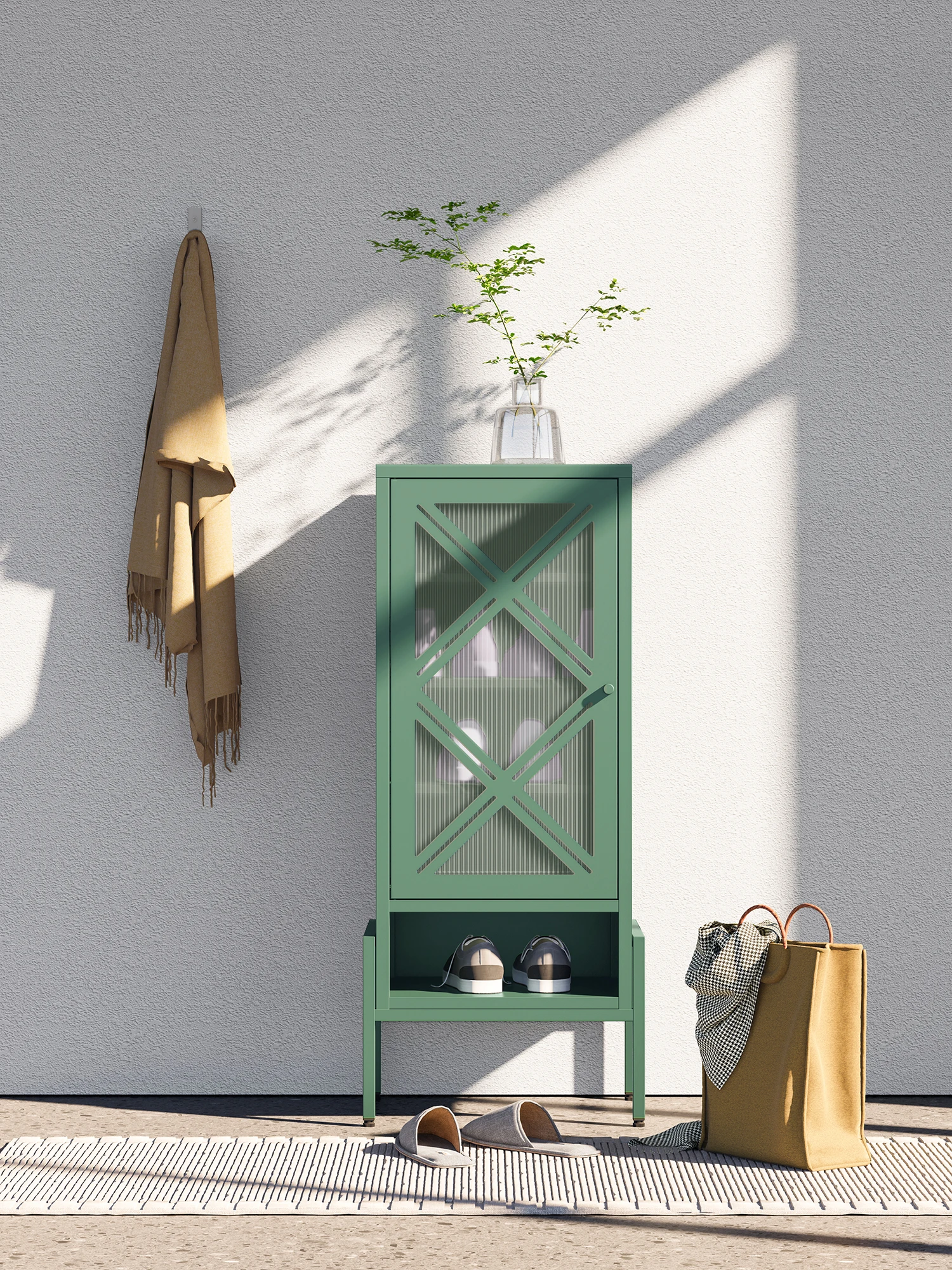 Vintage Steel Shoe Rack  Single Door Metal Shoe Cabinet With High Foot