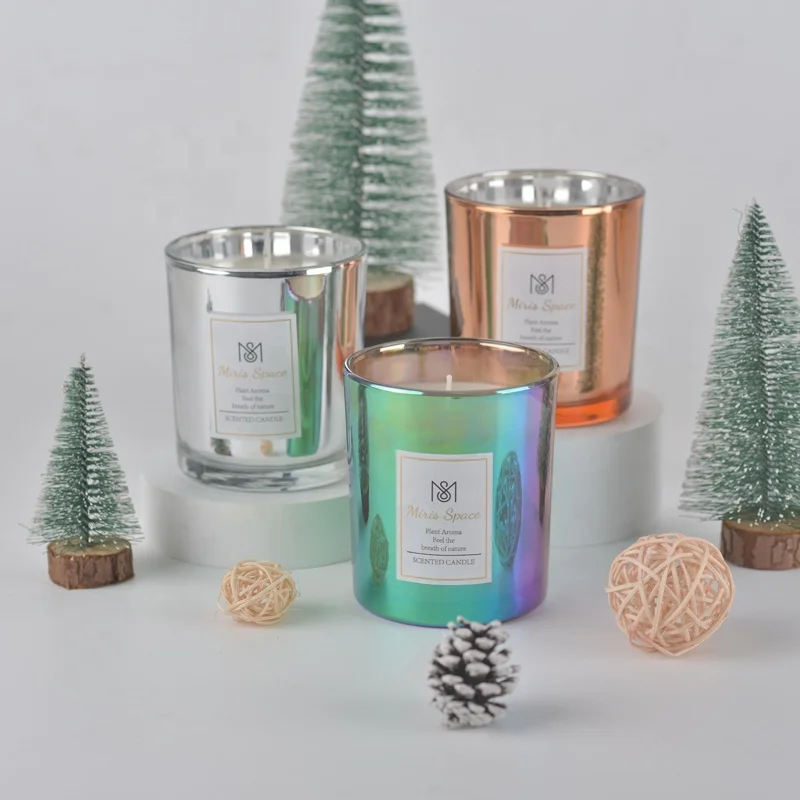Luxury Rainbow Electroplated Glass Dazzle Color Rose Gold Silver Scented Soy Wax Custom White Private Label Scented Candle