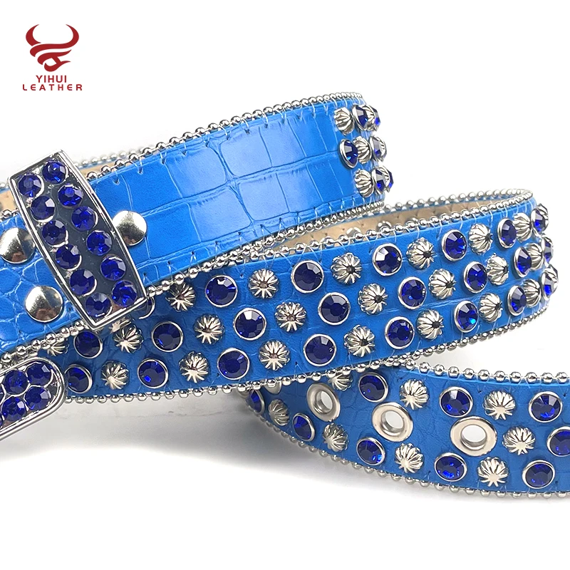Ремень мужской из искусственной кожи с крокодиловой роскошный голубой ковбойский пояс со стразами в западном