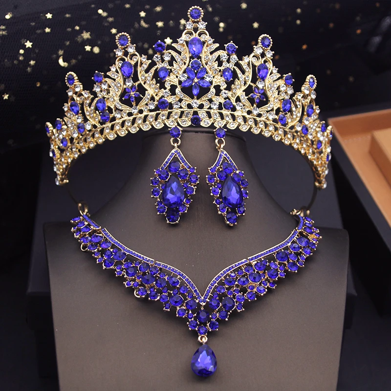 LUOXIN Wholesale 3 Set Crystal Royal Queen Bridal Crown Wedding Bridal Tiaras Necklace Earring Set
