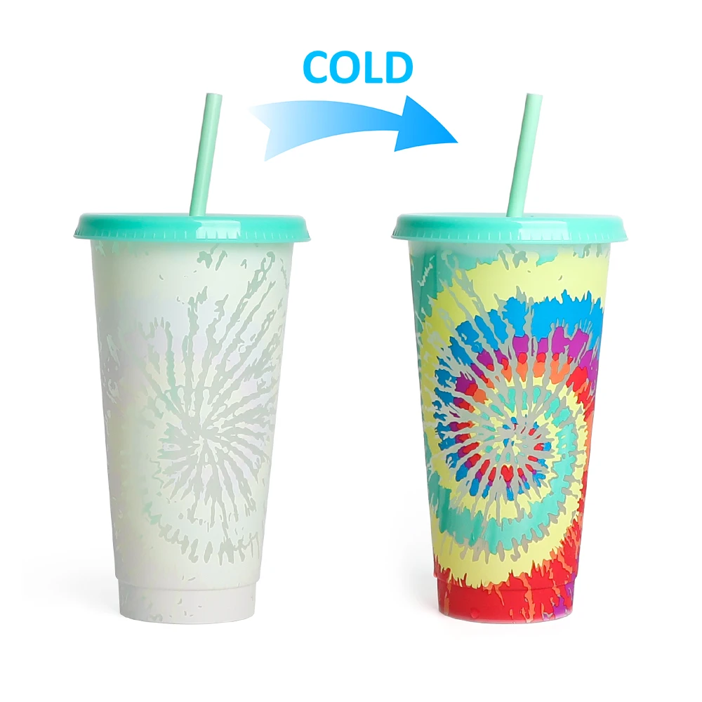 24OZ Tie dye cold creative customized anime cold coffee mug plastic color changing cup