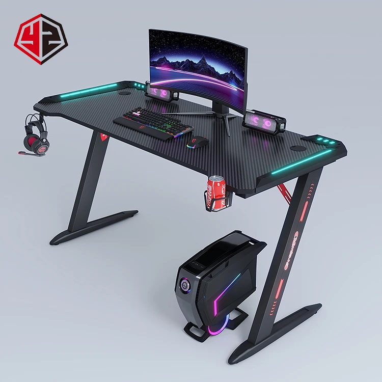 Yz China Manufacturer Wholesale Computer Gaming Gamer Table A Shaped Legs Adjustable Rgb Lights Standing Pc Gaming Desk glass