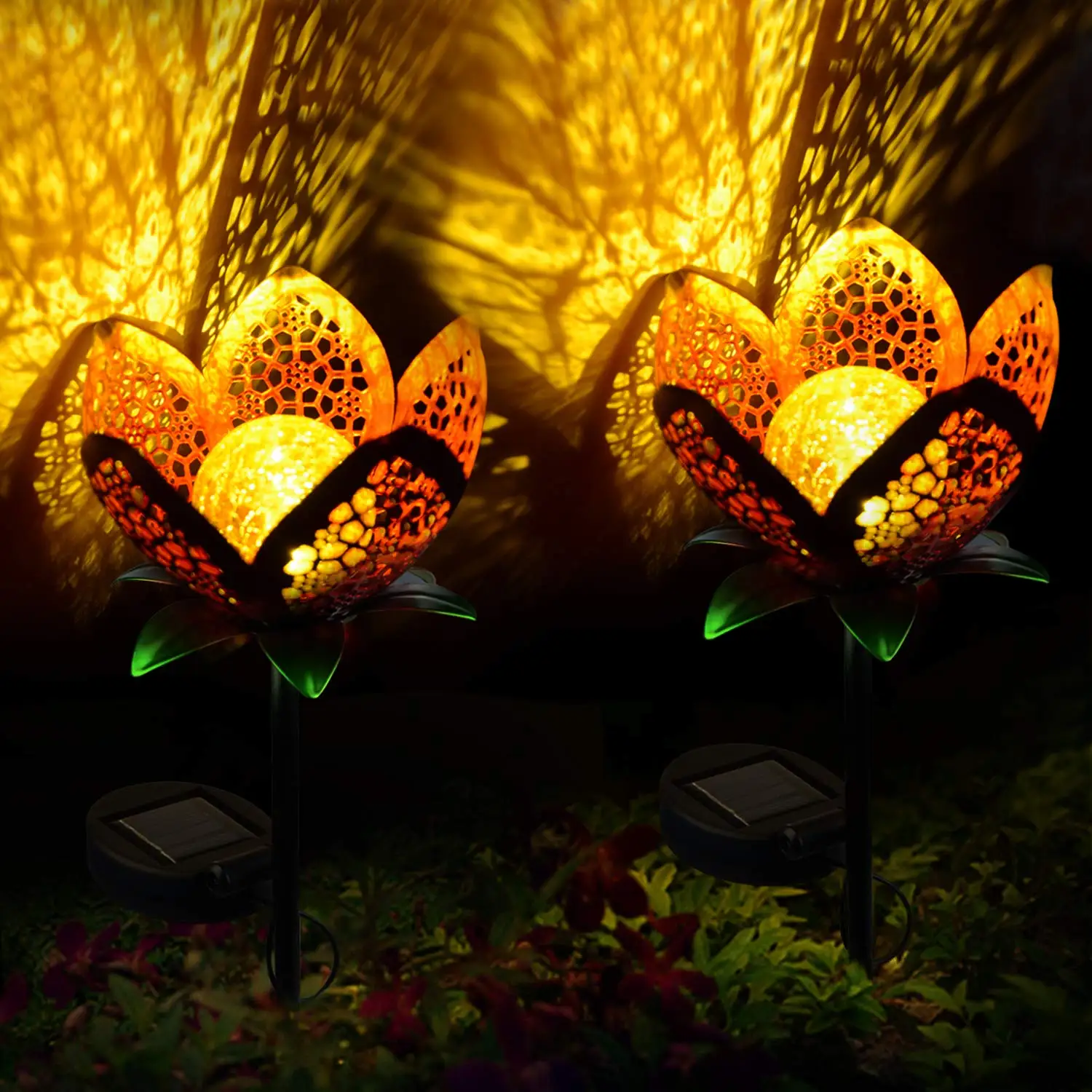 Solar powered Outdoor Pathway decorative yard Crackle Glass ball garden Hollow-Carved Metal Solar flower Stake Lights