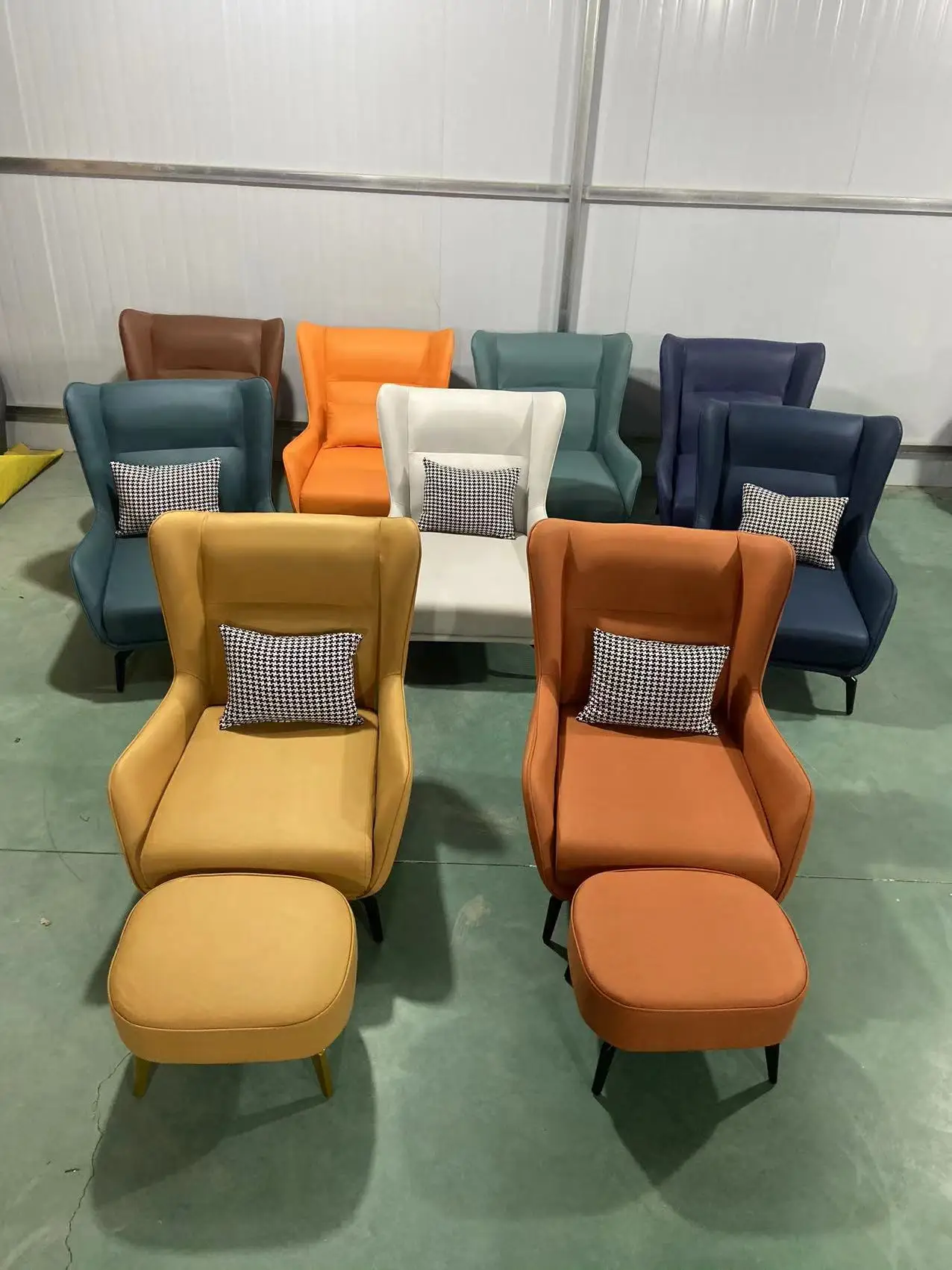 Modern simple armchair PU leather fabric iron frame for living room Nordic style leisure chair high back single sofa with stool