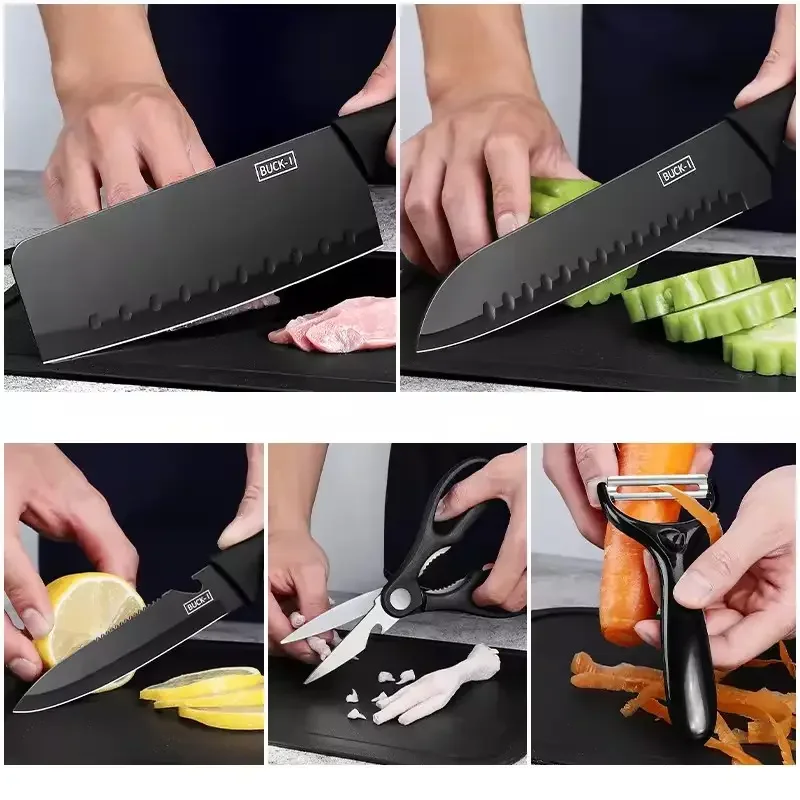 2025 New Product Professional 7-Piece Black Kitchen Chef Knife Set Includes Knife Block and Cutting Board