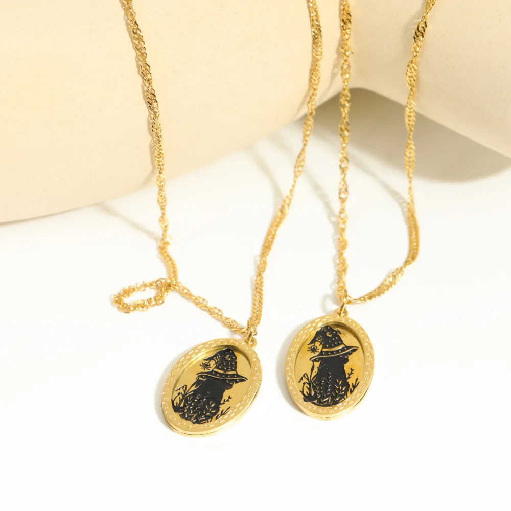 Minimalist Designer Stainless Steel 18k Gold Plated  Black Cat Carve Tarnish Free Fine Jewelry Friendship Necklace