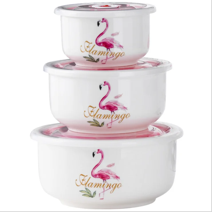 Homeplay 3pcs porcelain dinnerware decal fresh ceramic storage bowl with lids for microwave safe