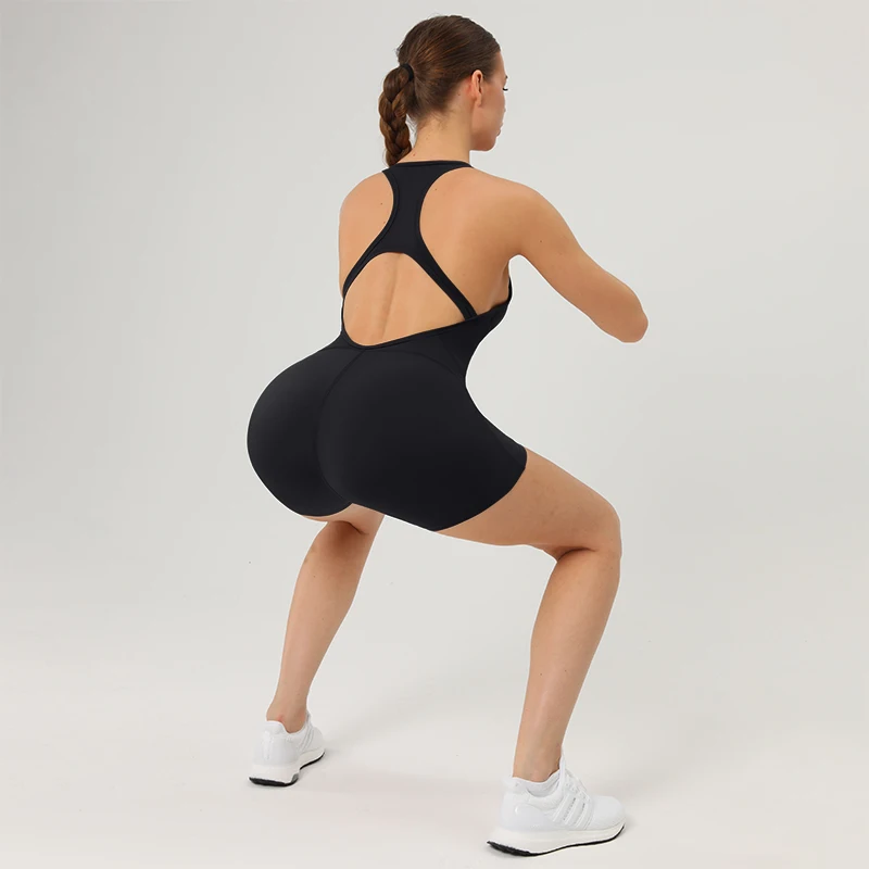 Stylish Design Yoga Jumpsuit Black Sleeveless Low Cut U-neck Workout Romper Breathable Quick Dry High Elastic Sport Bodysuit