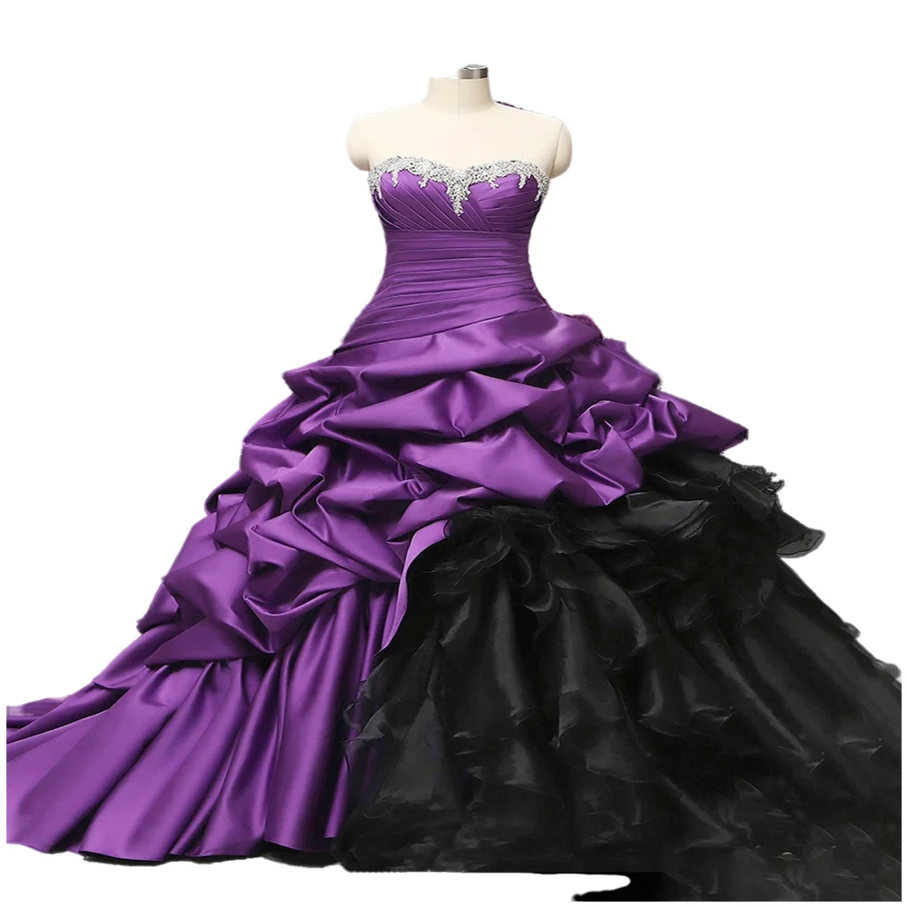 Mumuleo Purple And Black Wedding Dress Ruched Tiered Skirt Long Sweetheart Taffeta Bridal Gowns Plus Size Gothic Bride Dresses