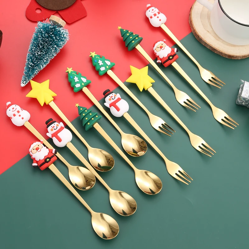 Christmas Gift Teaspoon Decoration Handle Cutlery gold Spoon Fork Set christmas spoon and fork food picks for kids