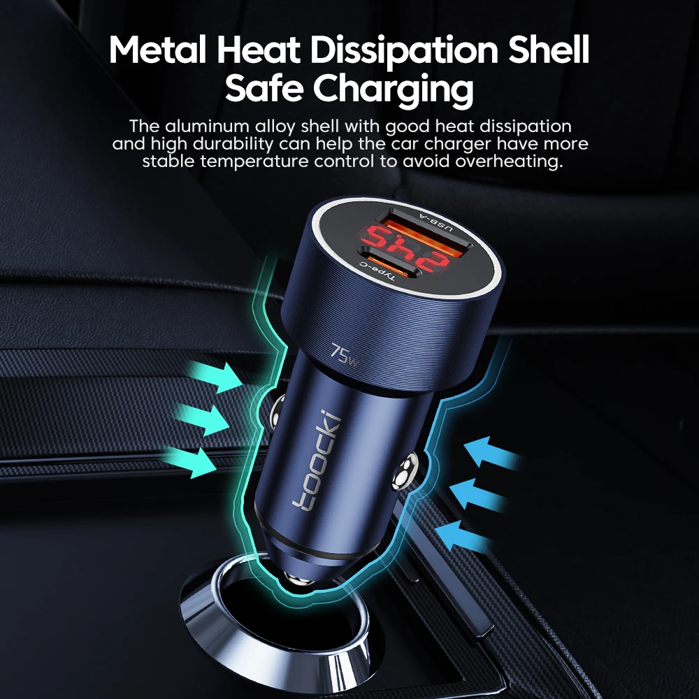 Hot Selling 12V 75W USB With PD Port Super Fast Charging Digital Display Mini Car Charger For Cellphone