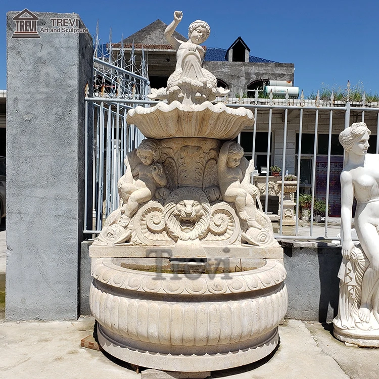 Western french white corner natural stone angel statue marble wall indoor fountain