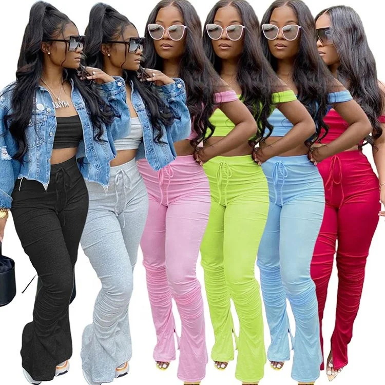 
2021 Summer New Fashion Adjustable Strap Solid Top And Stack Pants 2 Piece Set Outfits Women Two Pieces Clothes Women Sexy 