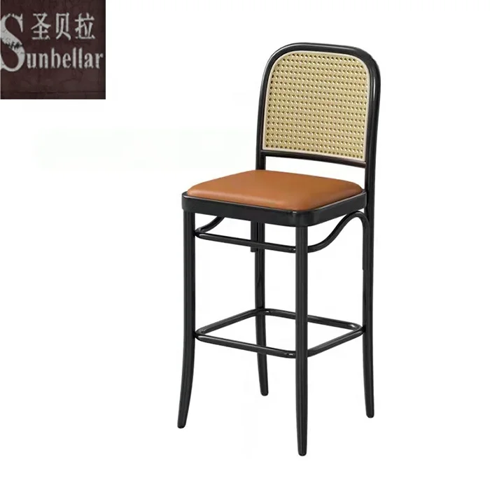 Nordic newest modern bar chair wooden leather seat rattan webbing cane backrest cafe restaurant project dining chair