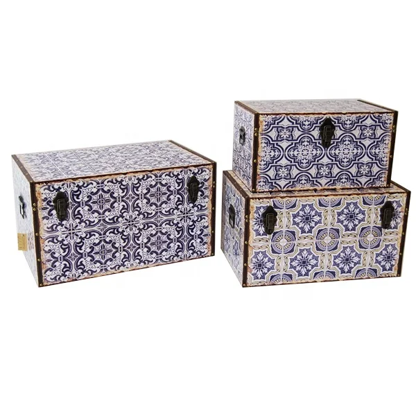 
Home Decor Ornament Blue and White Porcelain Design Rectangle Wooden Base PU Print Set of 3 Storage Trunk 