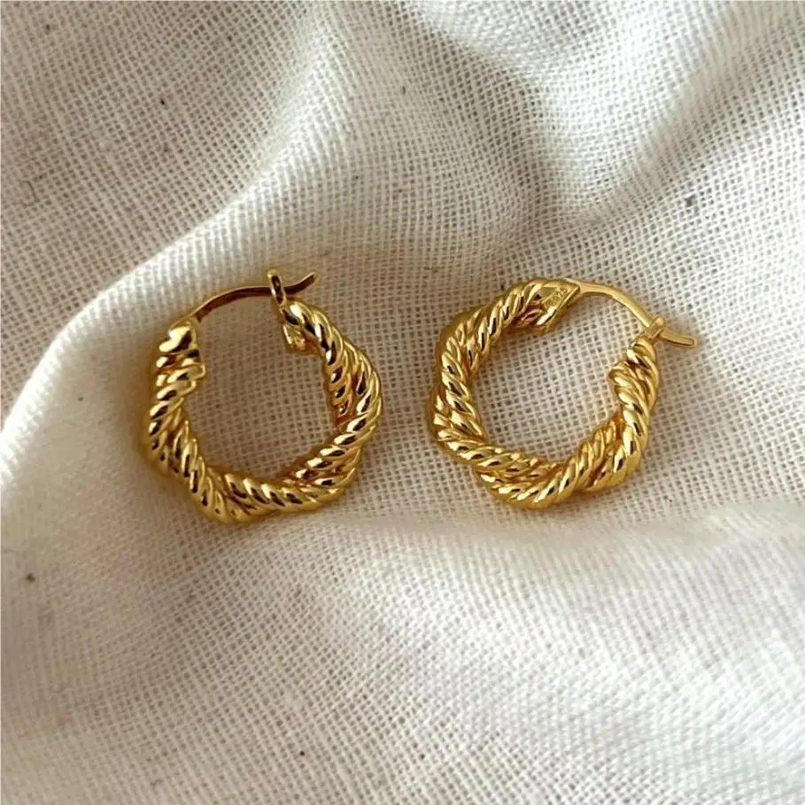 High Quality 925 Sterling Silver Double Twisted Rope Earrings 18K Gold Plated Small Hoop Earrings Women Chic Minimalist Jewelry